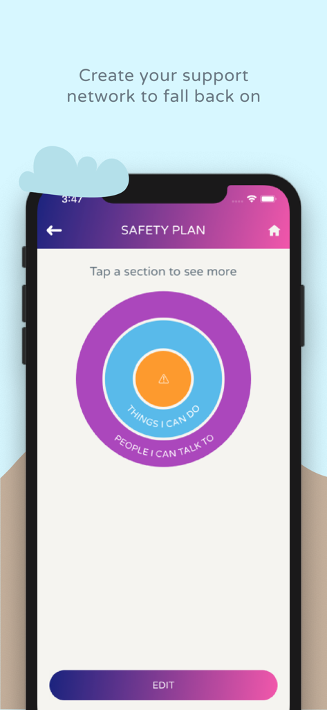 Combined Minds app screenshot showing a safety plan interface with a circular diagram for support networks.