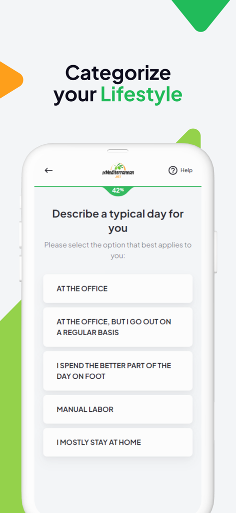 A mobile app screen from My Mediterranean asking the user to describe their typical daily activity level as part of a lifestyle assessment.