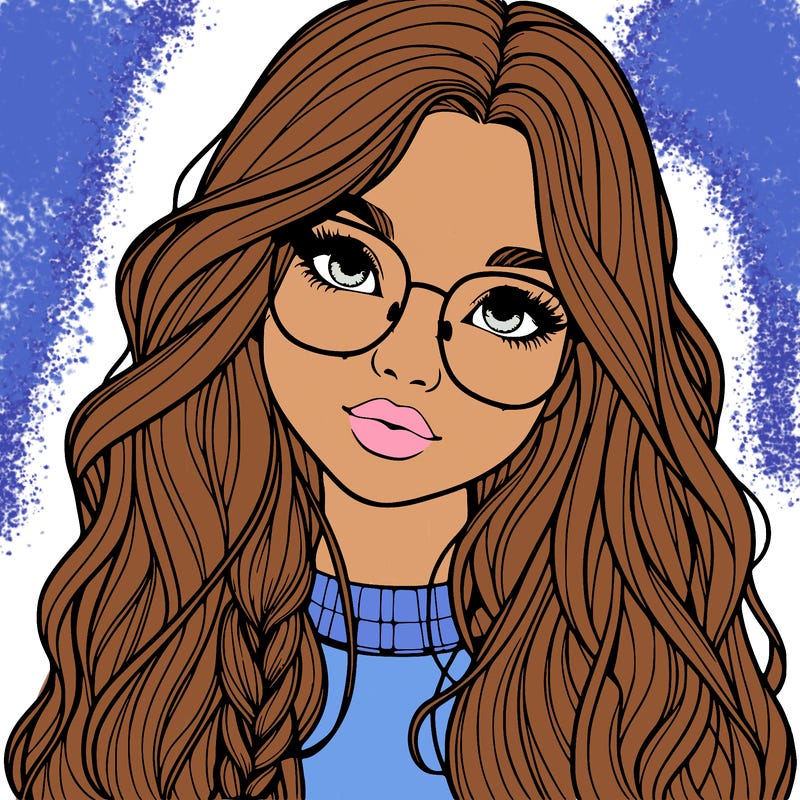 girl with long hair and freckles and glasses realistic