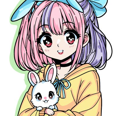 cute anime girl holding bunny
