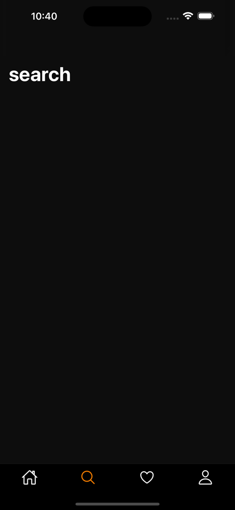 Elite Cars - 어두운 모드 테마와 하단 탐색 메뉴가 있는 엘리트 카 렌터카 앱의 검색 인터페이스.