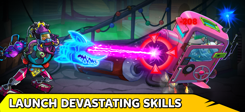 A robot made of scrap metal using a shark-shaped laser weapon to attack another robot in Junkineering