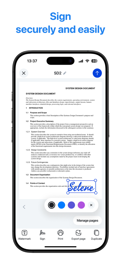 PDF Scanner - Scan & Convert - iPhone screen showing a digital signature being applied to a system design document within the PDF Scanner app