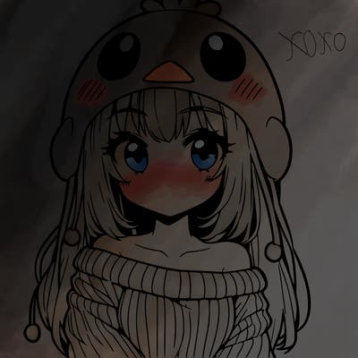 anime girl with chick shaped hat with sweater with bare shoulders with bangs covering them one eye with low tail