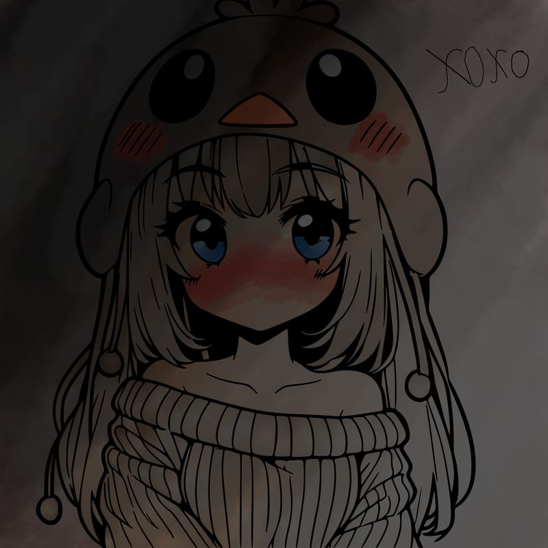 anime girl with chick shaped hat with sweater with bare shoulders with bangs covering them one eye with low tail