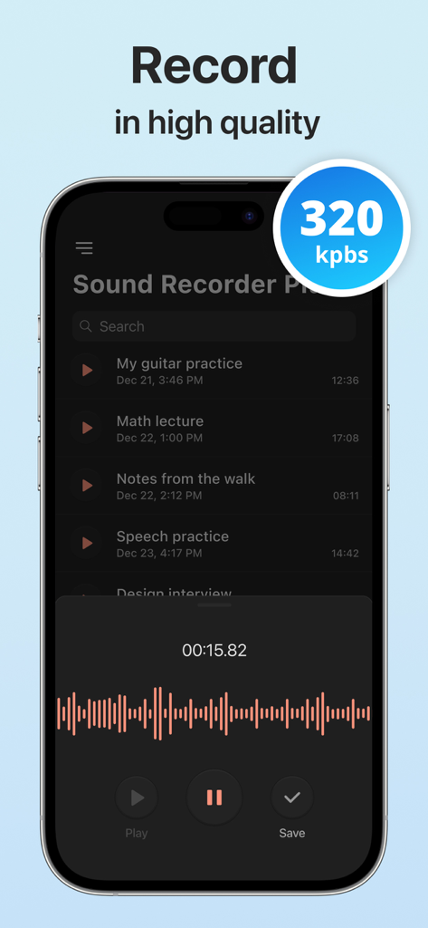Voice Recorder - Dictaphone - Voice Recorder app interface highlighting high quality 320 kbps recording with an active audio waveform and list of saved memos