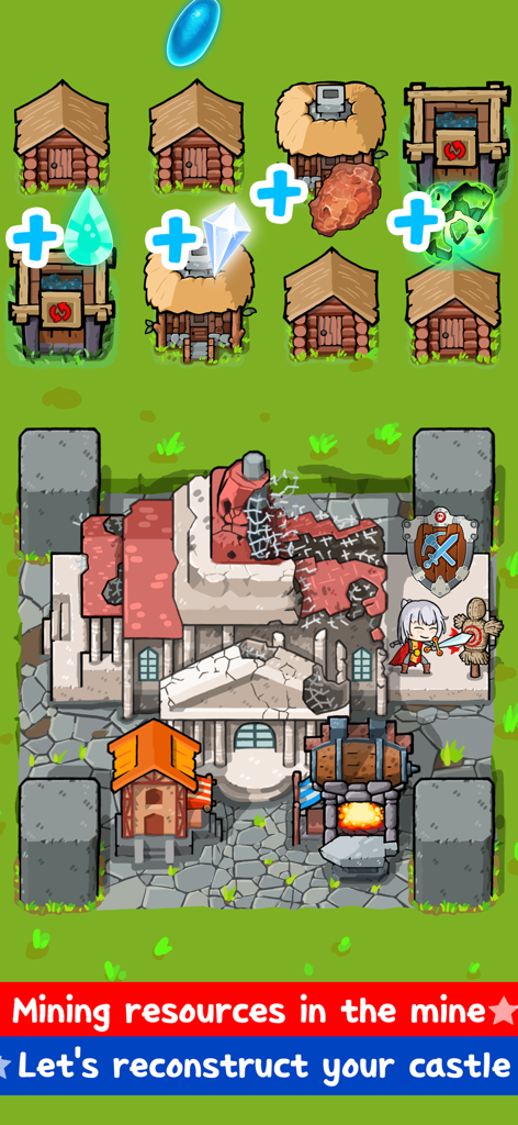 Zombie Mine - survival craft - Gameplay screen of Zombie Mine showing resource collection and castle reconstruction