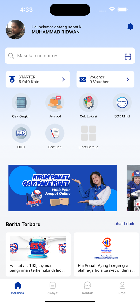 Tiki - Tiki mobile app home screen showing package tracking and shipping services