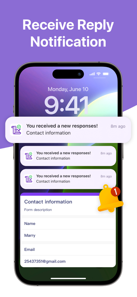 A mobile phone screen displaying real time push notifications for new form responses