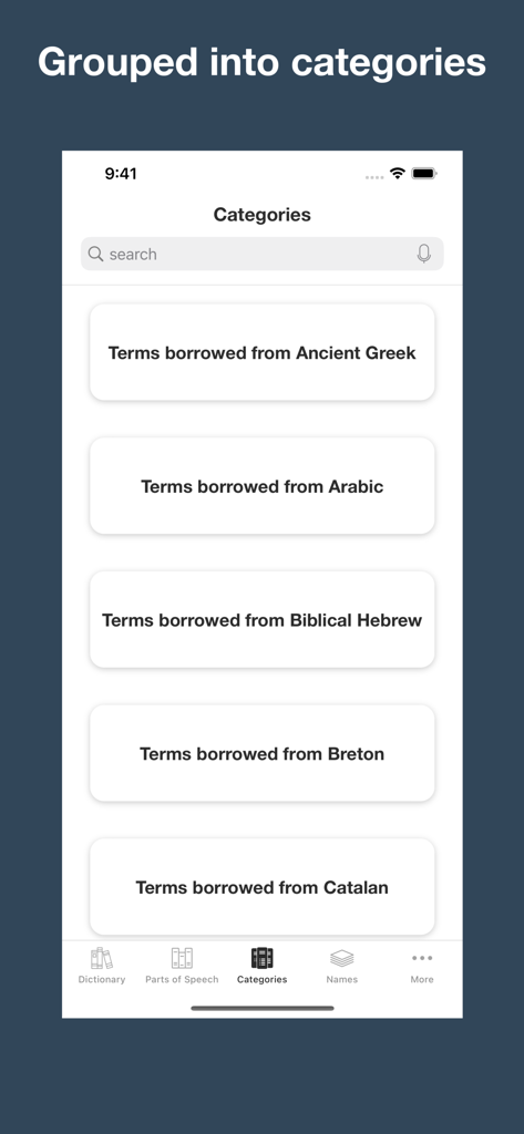French Etymology app screen displaying word categories by historical linguistic origin.