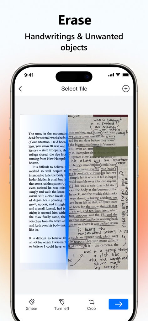 LightPDF: AI Chat PDF, Scanner - A comparison showing a scanned page before and after erasing handwriting and markings using LightPDF