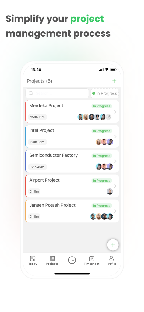 Timey – Work Management - A project management dashboard in the Timey app showing a list of active projects with tracked time and team members