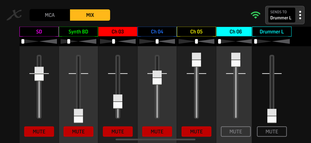 MX-Q app interface showing digital audio mixer faders for personal monitoring