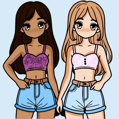two sisters with crop tops and jean shorts and straight hair