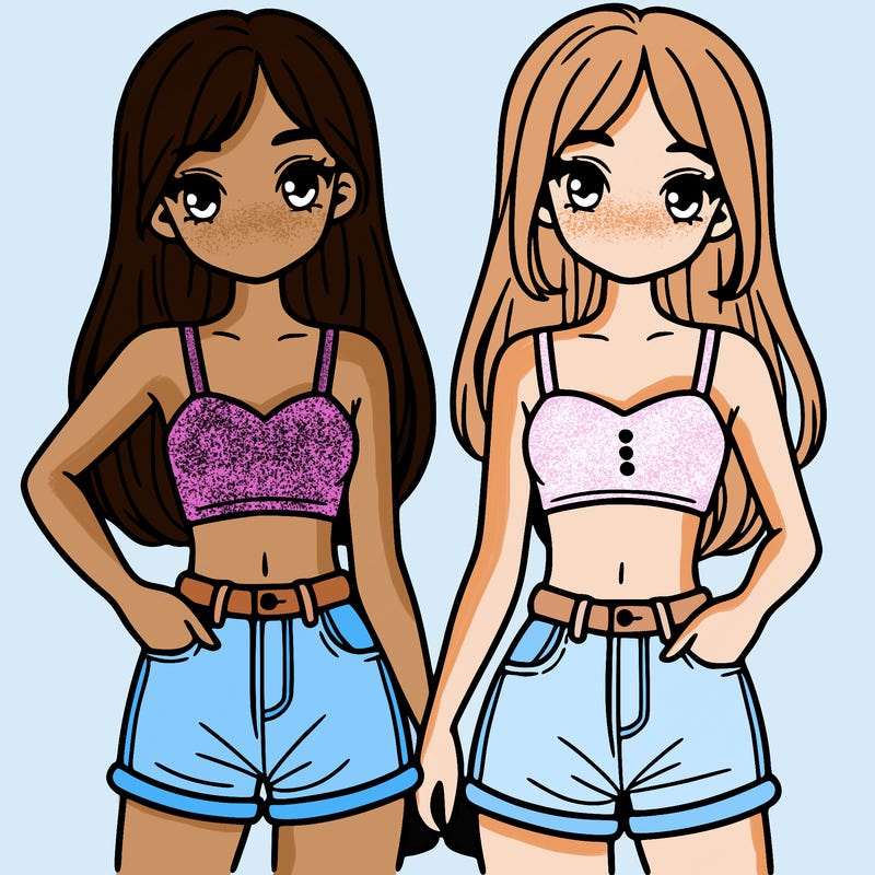 two sisters with crop tops and jean shorts and straight hair