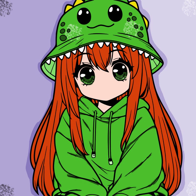 girl with anime shaped eyes with a dinosaur bucket hat oversized sweatshirt long straight hair