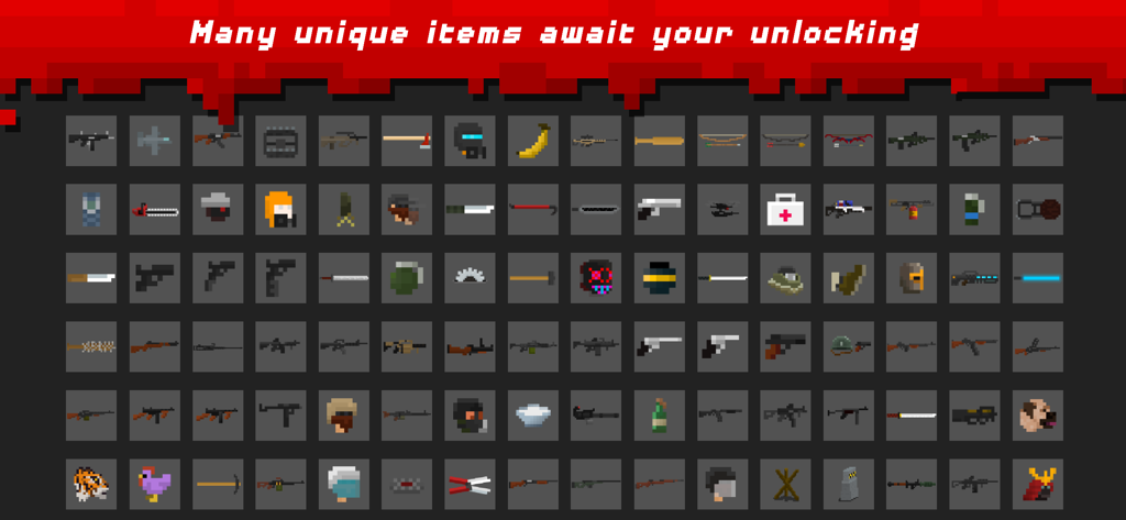They Are Coming Zombie Defense - Una grande griglia che mostra varie icone di armi ed equipaggiamento in pixel art disponibili per i giocatori da sbloccare