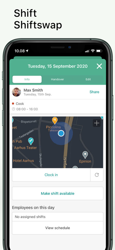Smartplan app screen showing shift details for a cook with a location map and clock in button