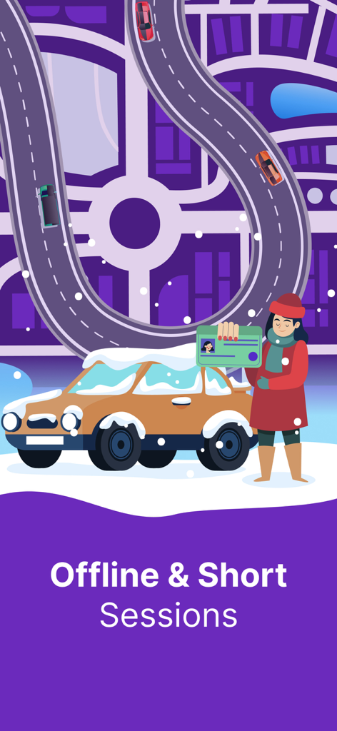 Driving Test Theory Kit 2026 - Illustration einer Person, die einen Führerschein hält, neben einem Auto, das Offline-Lernsitzungen bewirbt.