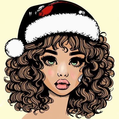 realistic girl with a santa hat curly hair and lips