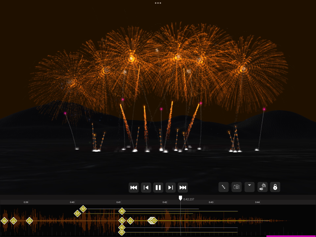 A screenshot of Pyro Simulator showing a fireworks display synchronized with a music timeline.