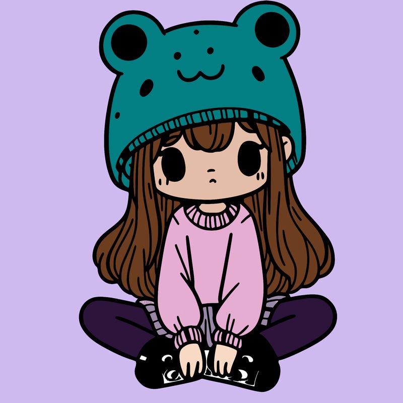 a girl wearing a frog hat and some frog socks