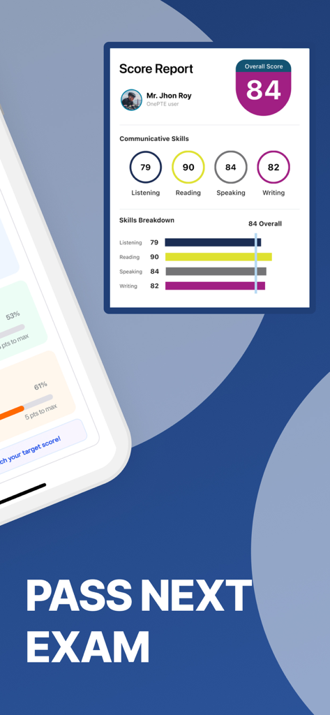 A detailed score report from the PTE Exam Practice app showing a student overall score of 84 with a breakdown for listening reading speaking and writing