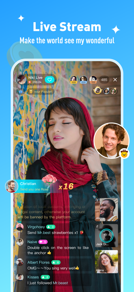 Interface do aplicativo Niki Live mostrando uma transmissão ao vivo com anfitrião e chat interativo