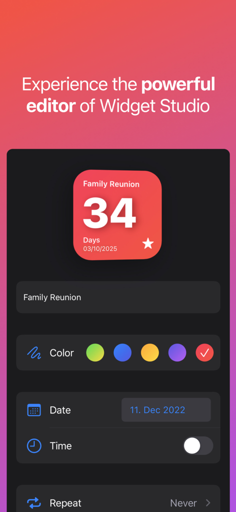 Countdown Timer & Widgets - The event editor interface of Widget Studio showing customization options for color, date, and name of a countdown timer widget.