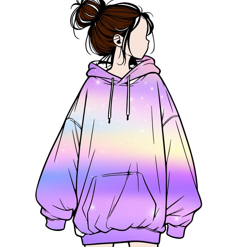 realistic girl with a oversized sweatshirt on and a bun