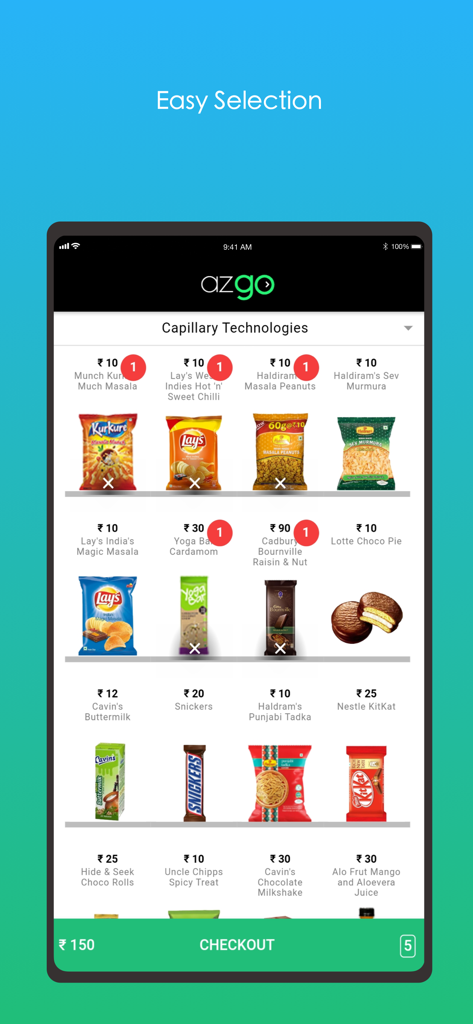 Azgo app screen showing a menu of snacks and beverages for easy selection at a workplace kiosk