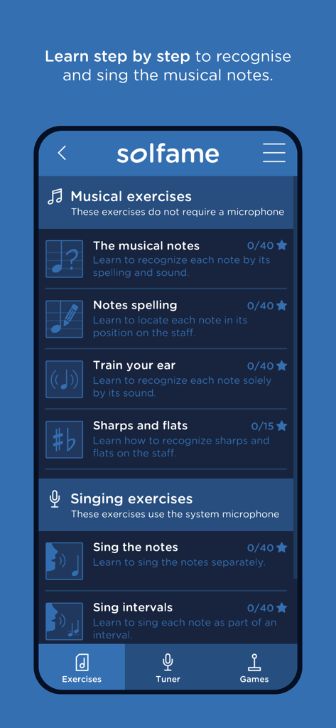 SolFaMe - SolFaMe app interface showing a list of musical and singing exercises for ear training and note recognition.