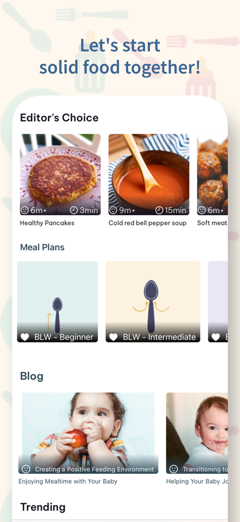 Écran d'accueil de l'application Little Foodie montrant des recettes et des plans de repas pour bébés lors du début des solides