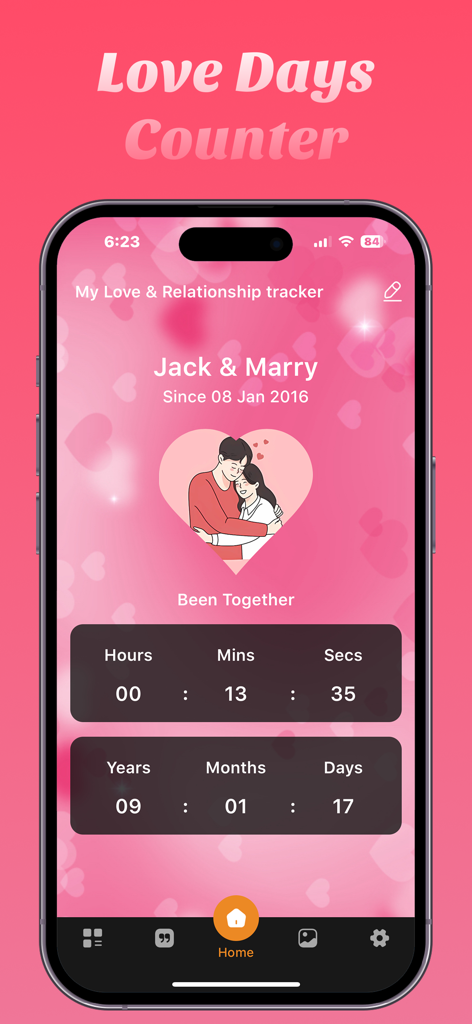 Love Tracker: Day Counter - Interface do aplicativo Love Tracker mostrando a duração do relacionamento de um casal em anos, meses e dias.