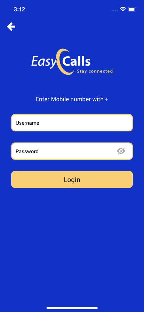 Login screen for the EasyCalls international calling app with fields for username and password.