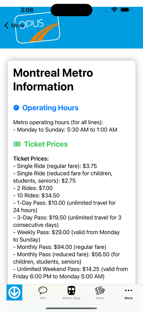 Pantalla de información de la aplicación Mapa del Metro de Montreal mostrando tarifas de transporte y horarios de operación.