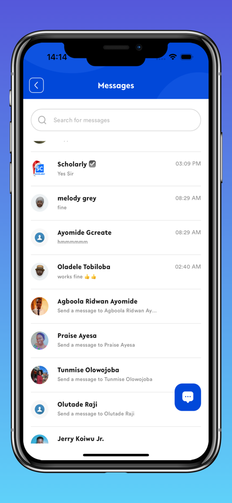 Scholarly: Earn as you grow - A screenshot of the Scholarly app message interface displaying a list of recent conversations and profile icons
