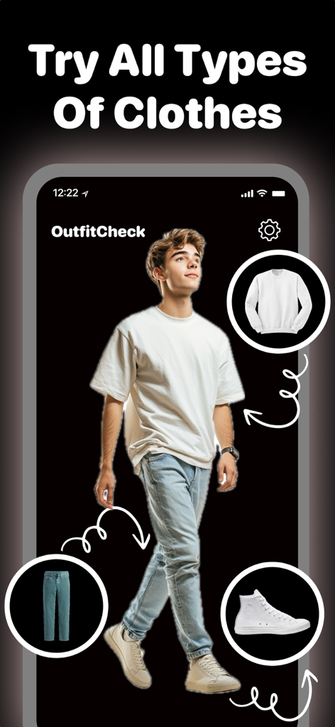 Change Clothes : OutfitCheck - A man using the OutfitCheck app to virtually try on a sweatshirt jeans and sneakers
