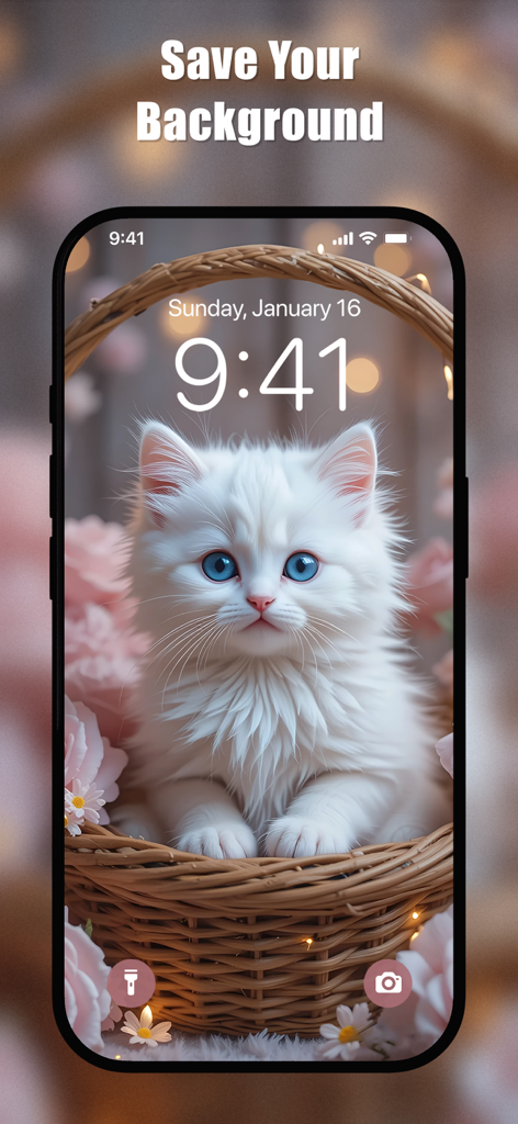 Cute Cat Wallpapers HD - Un gatito blanco esponjoso con ojos azules sentado en una cesta tejida rodeado de rosas rosas en la pantalla de bloqueo de un iPhone.