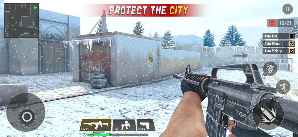 Commando Strike: Shooting Game - First person shooter view of a commando holding a rifle in a snowy city with the text Protect the City
