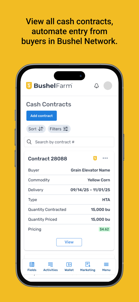 Bushel Farm - Captura de pantalla de la aplicación móvil Bushel Farm que muestra un contrato en efectivo para maíz amarillo con detalles del comprador, fechas de entrega y cantidad contratada.