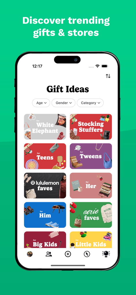 Giftful mobile app interface showing a gift ideas discovery page with categories for teens stocking stuffers and trending brands
