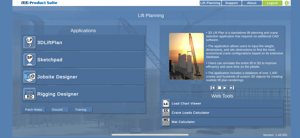A1A Product Suite - A1A Product Suite app dashboard displaying lift planning and rigging design tools