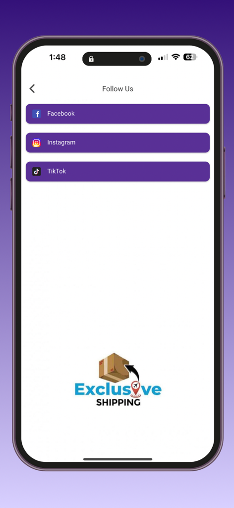 Exclusive Shipping Ja - Exclusive Shipping Ja app Follow Us screen with links to Facebook Instagram and TikTok