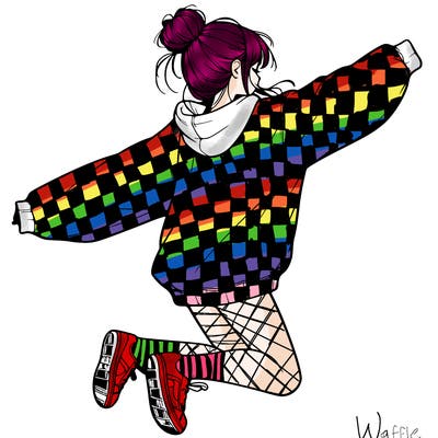 realistic girl jumping with a bun and oversized sweatshirt