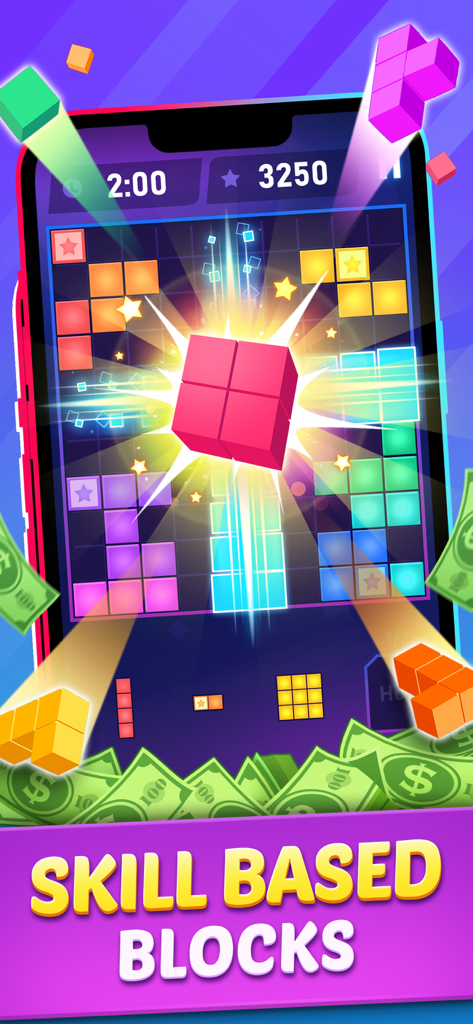 Block Cash - Win Real Money - Block Cash mobile game screenshot showing a puzzle grid with colorful blocks and cash prizes