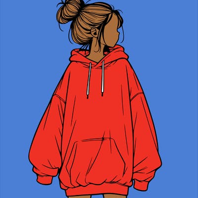 realistic girl with a oversized sweatshirt on and a bun