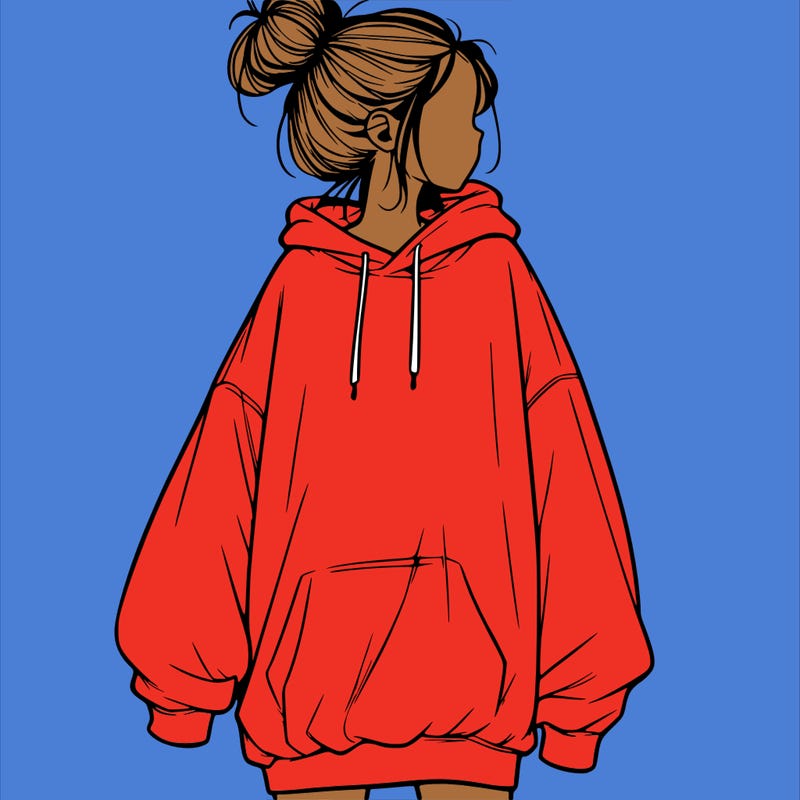 realistic girl with a oversized sweatshirt on and a bun