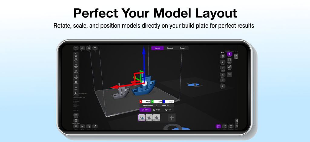 Pikaslice - Pikaslice mobile app showing 3D model rotation scale and position tools on a digital build plate