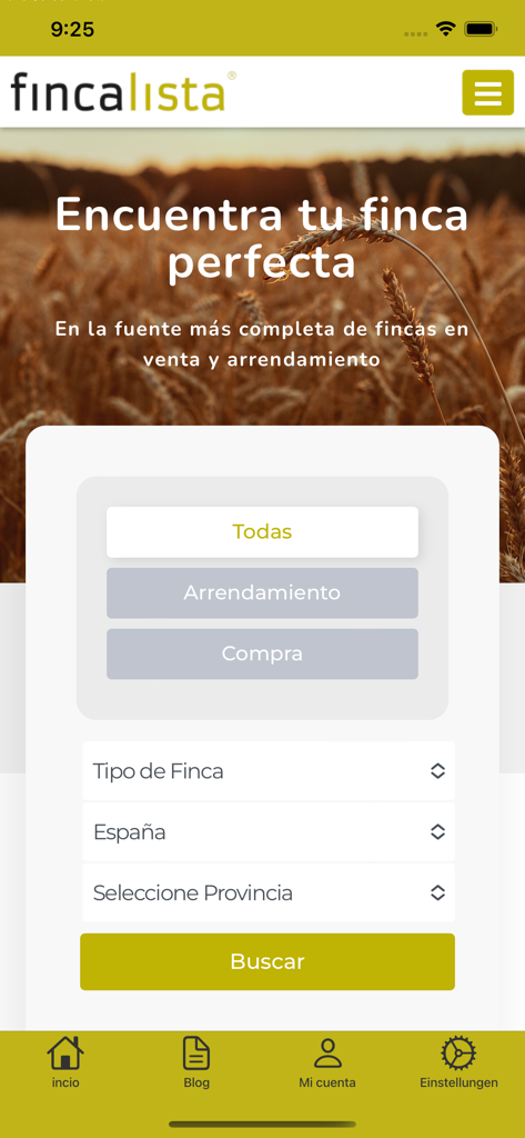 fincalista - Interfaz de la app Fincalista para buscar propiedades rústicas en España